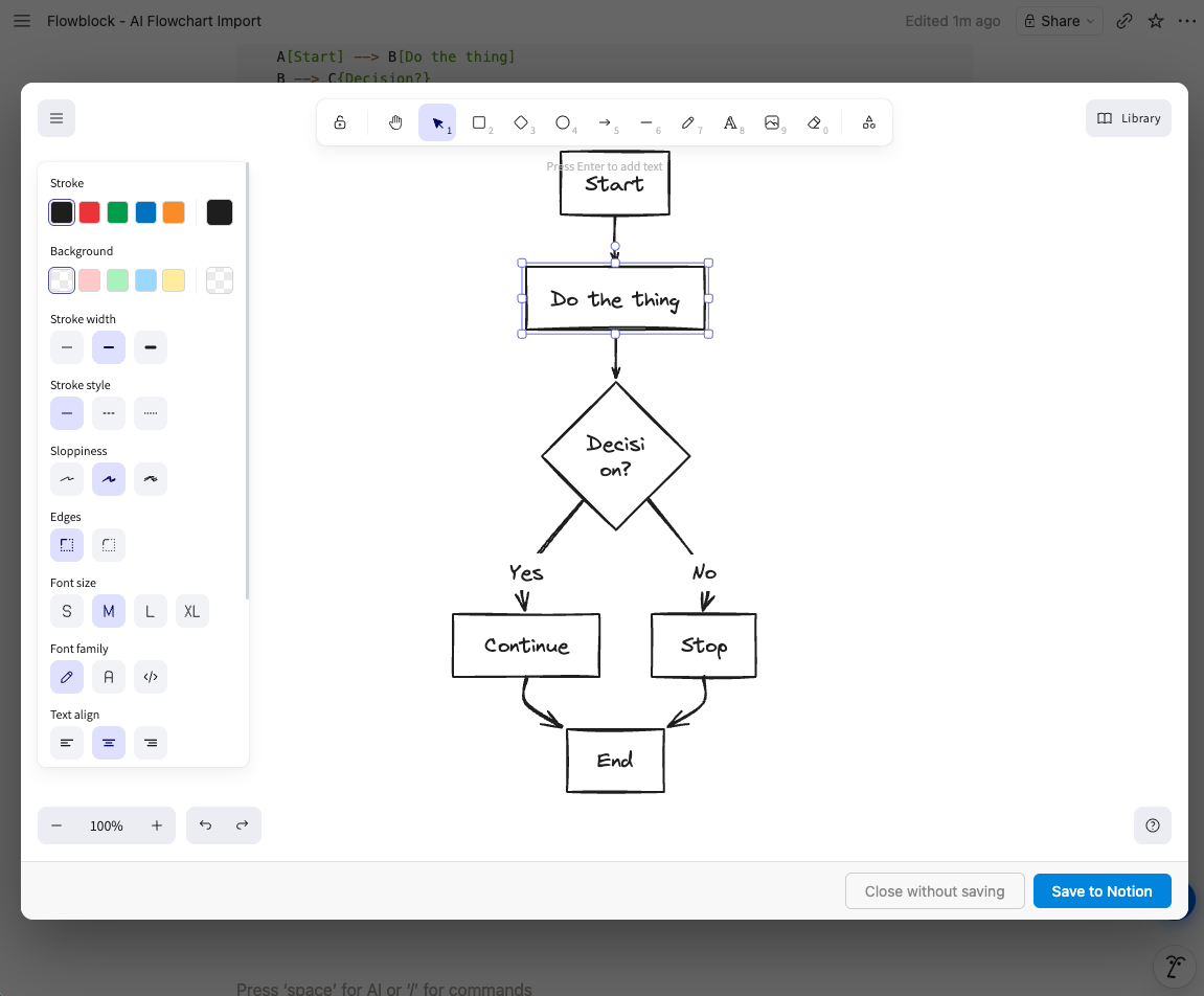 One-click Mermaid to flowchart conversion: the same Notion AI Mermaid diagram now open in the Flowblock editor as an editable canvas